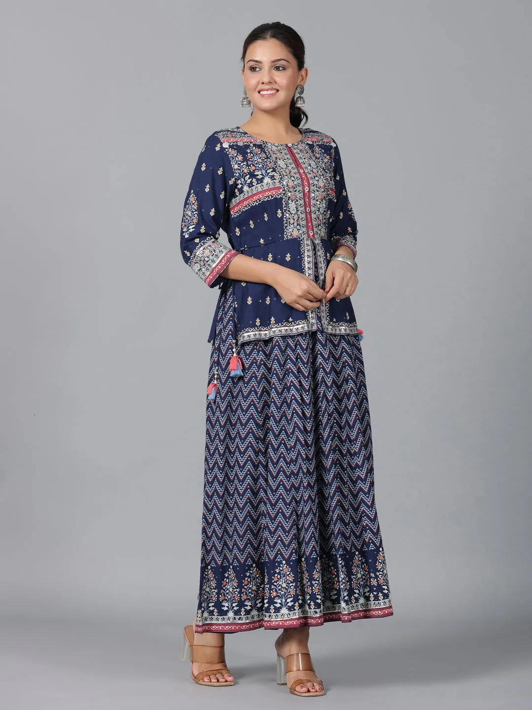 Juniper  Indigo Chevron Printed Shantoon Maxi Dress With Sequins work