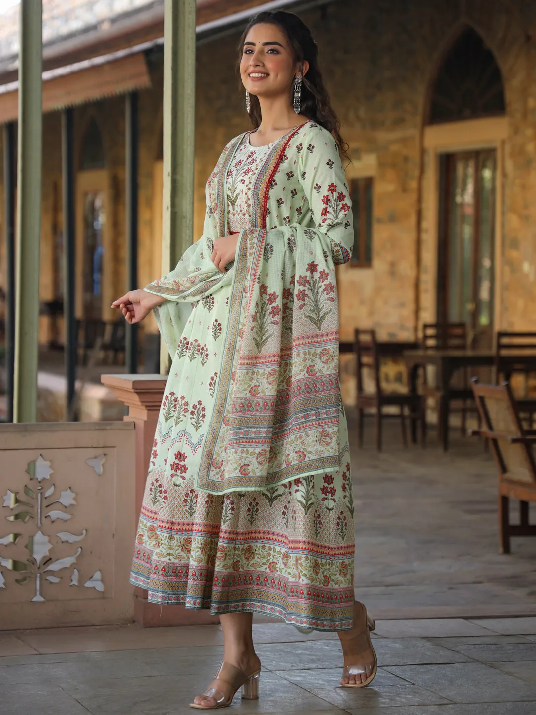 Juniper Lime Green Ethnic Motif Printed Pure Cotton Anarkali Dress & Dupatta Set With Beads & Sequins