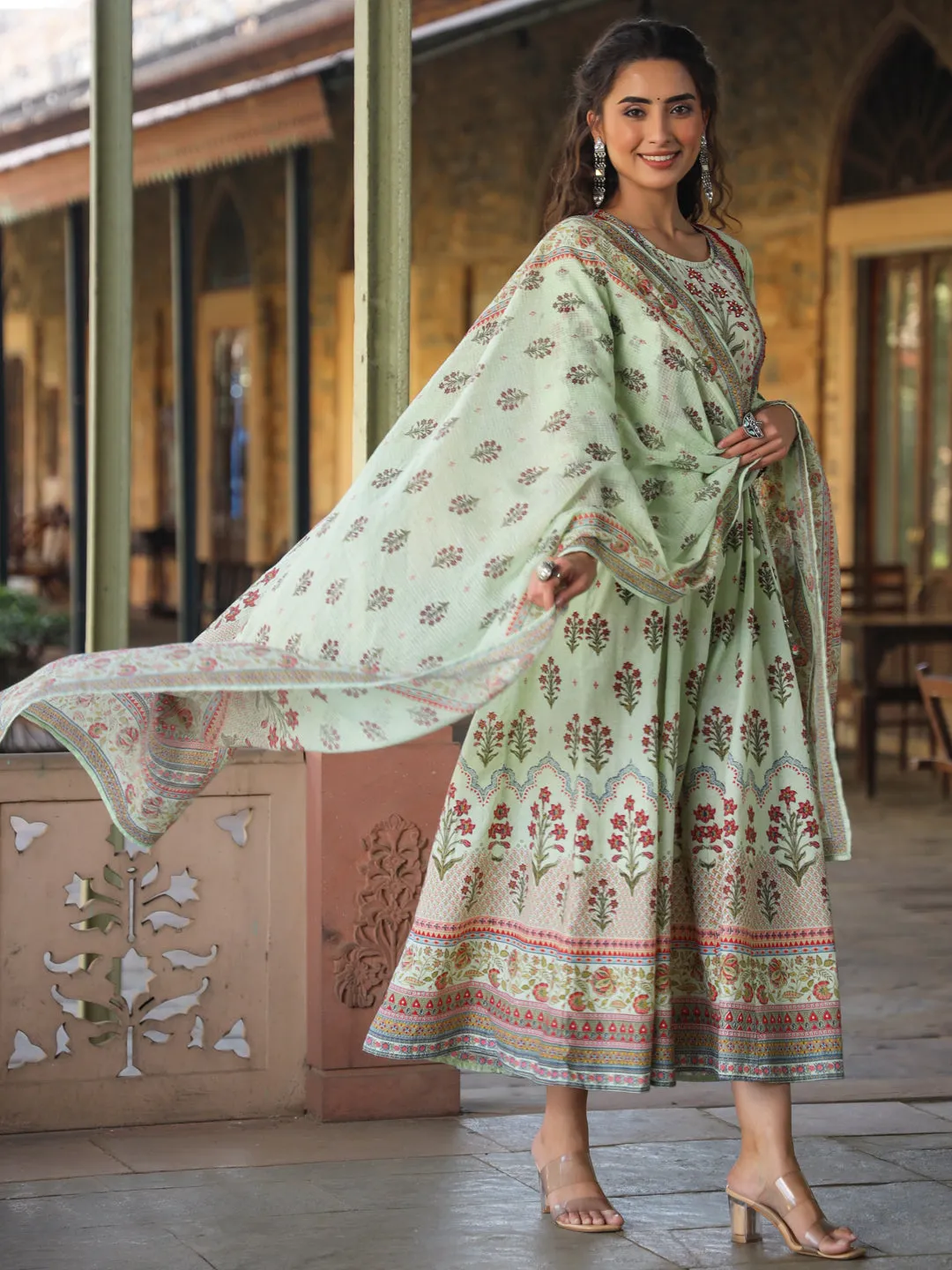 Juniper Lime Green Ethnic Motif Printed Pure Cotton Anarkali Dress & Dupatta Set With Beads & Sequins