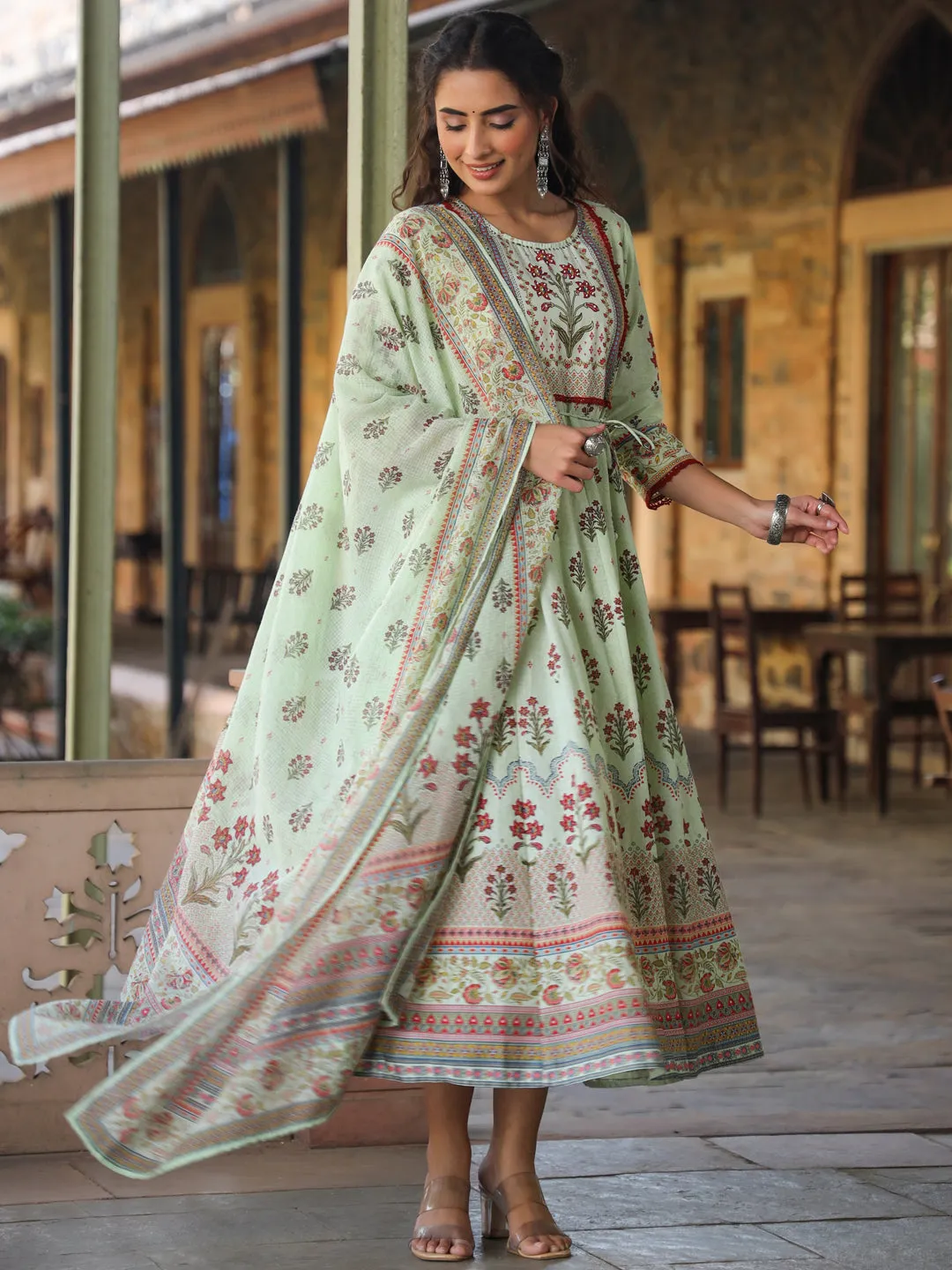 Juniper Lime Green Ethnic Motif Printed Pure Cotton Anarkali Dress & Dupatta Set With Beads & Sequins