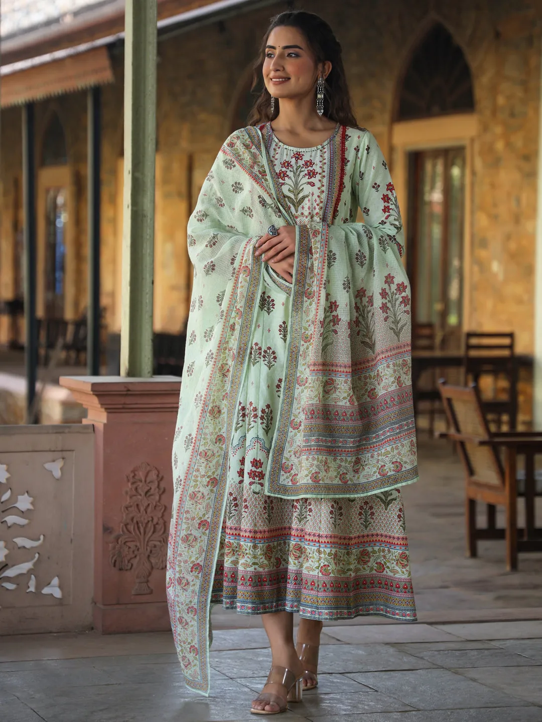 Juniper Lime Green Ethnic Motif Printed Pure Cotton Anarkali Dress & Dupatta Set With Beads & Sequins