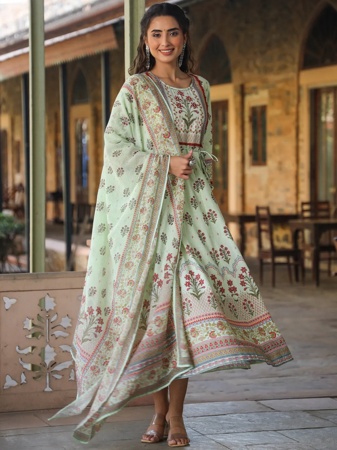 Juniper Lime Green Ethnic Motif Printed Pure Cotton Anarkali Dress & Dupatta Set With Beads & Sequins