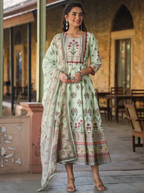 Juniper Lime Green Ethnic Motif Printed Pure Cotton Anarkali Dress & Dupatta Set With Beads & Sequins