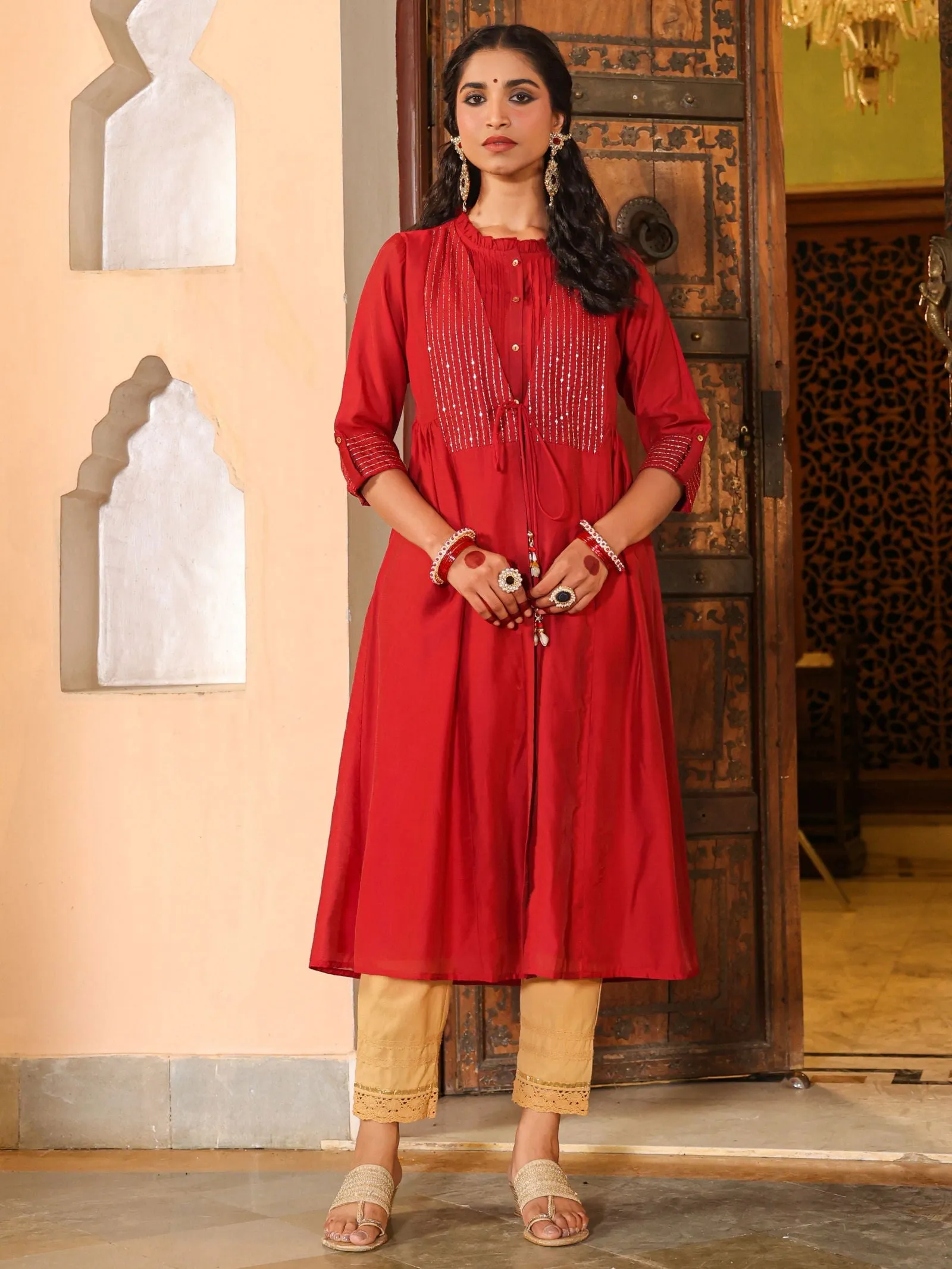 Juniper  Maroon Stripped Print Chanderi Embroidered Jacket Style Kurta Dress With Sequins & Zari Work