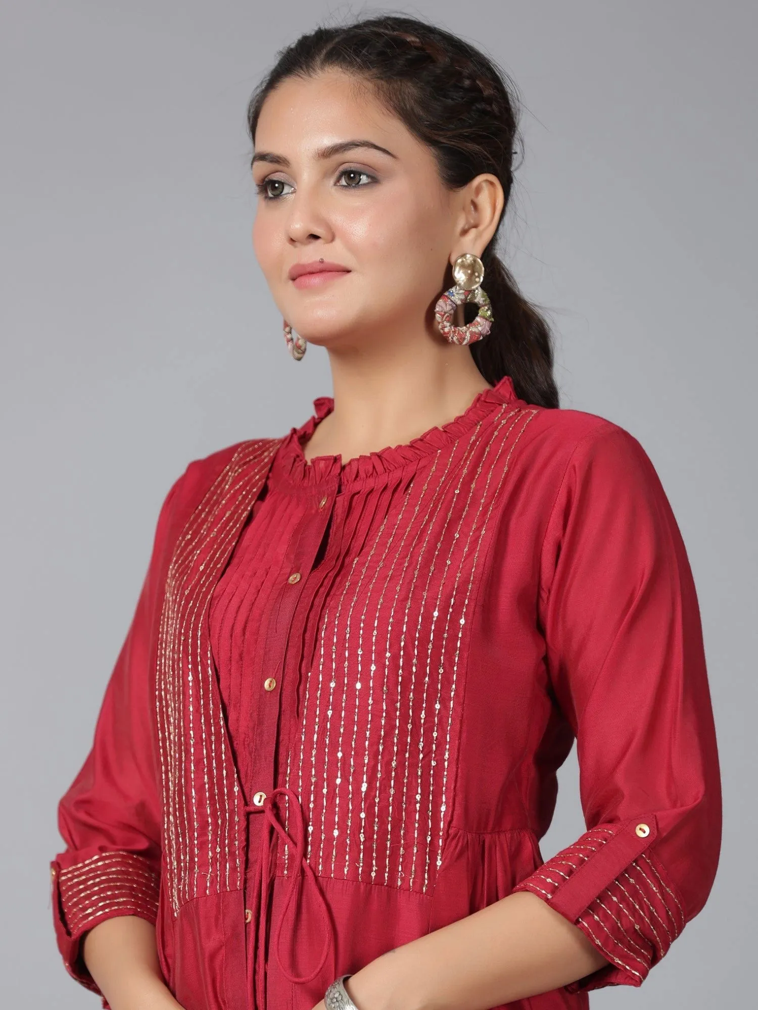 Juniper  Maroon Stripped Print Chanderi Embroidered Jacket Style Kurta Dress With Sequins & Zari Work