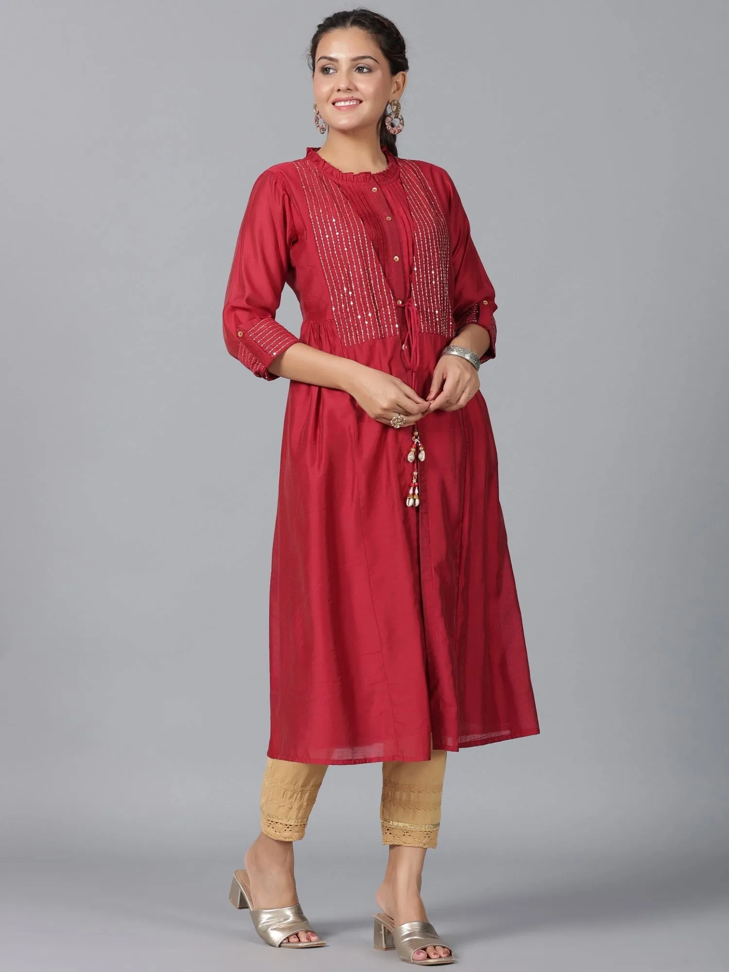 Juniper  Maroon Stripped Print Chanderi Embroidered Jacket Style Kurta Dress With Sequins & Zari Work