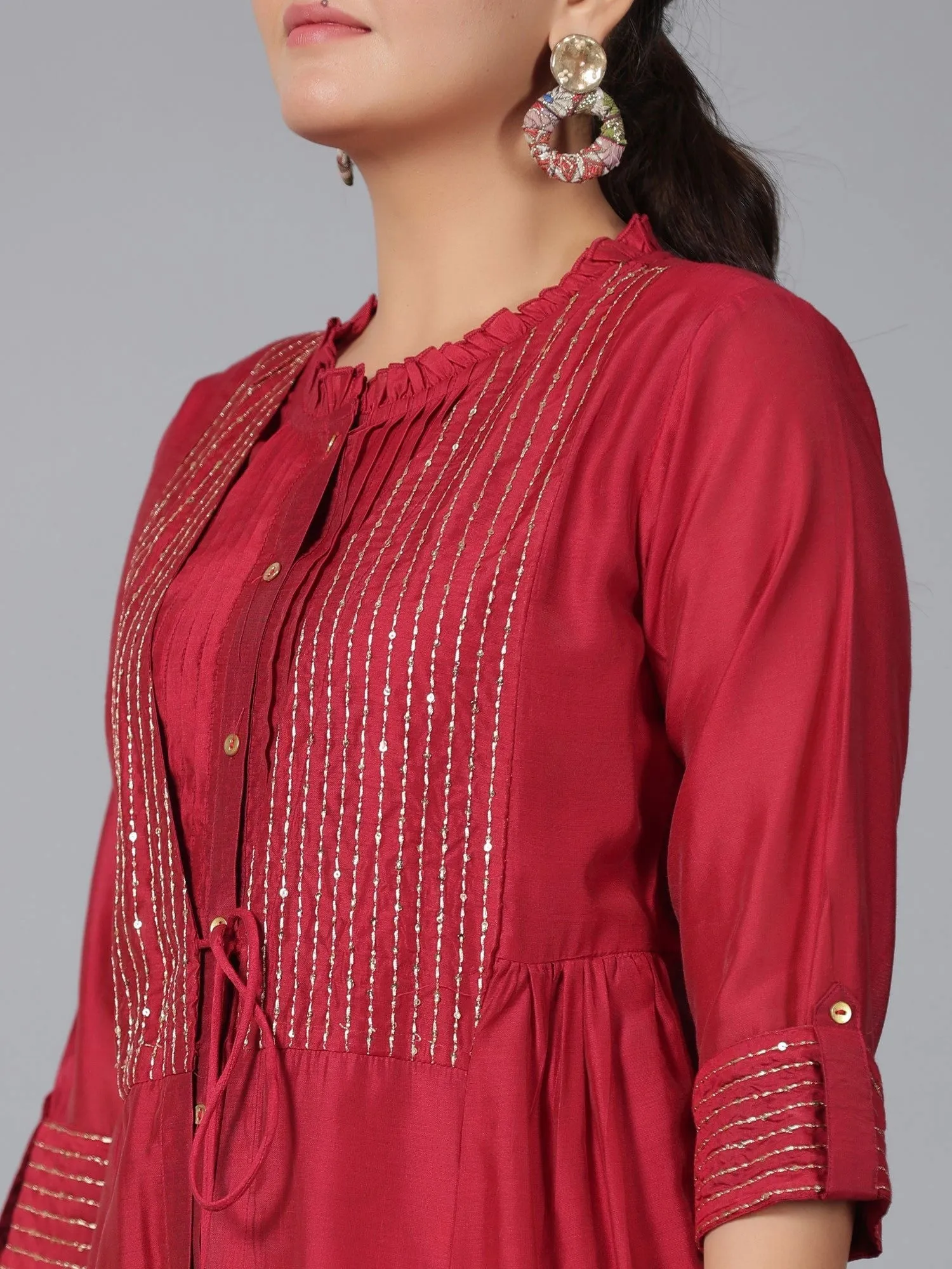 Juniper  Maroon Stripped Print Chanderi Embroidered Jacket Style Kurta Dress With Sequins & Zari Work