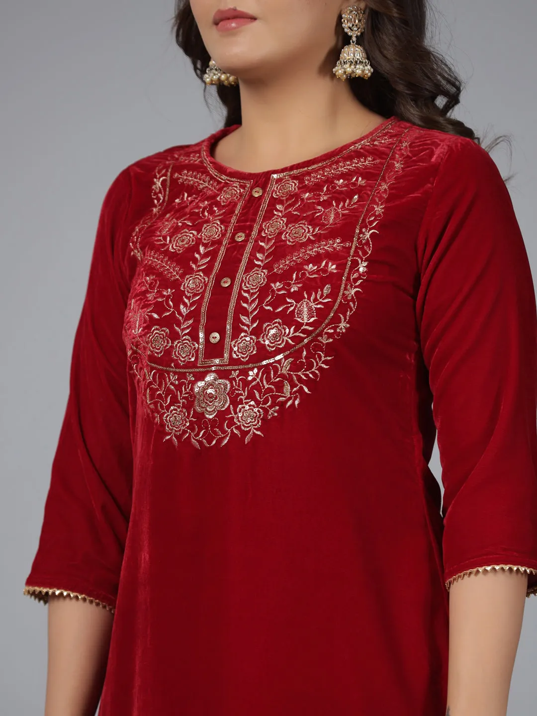 Juniper Maroon Velvet Embroidered Kurta & Pants Set with Zari & Sequences