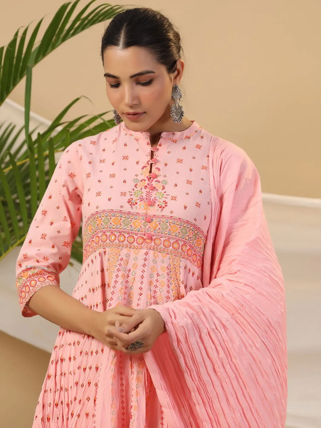 Juniper  Peach Cotton Tribal Print Crushed Anarkali Kurta With Pant & Dupatta Set With Kantha Work & Button