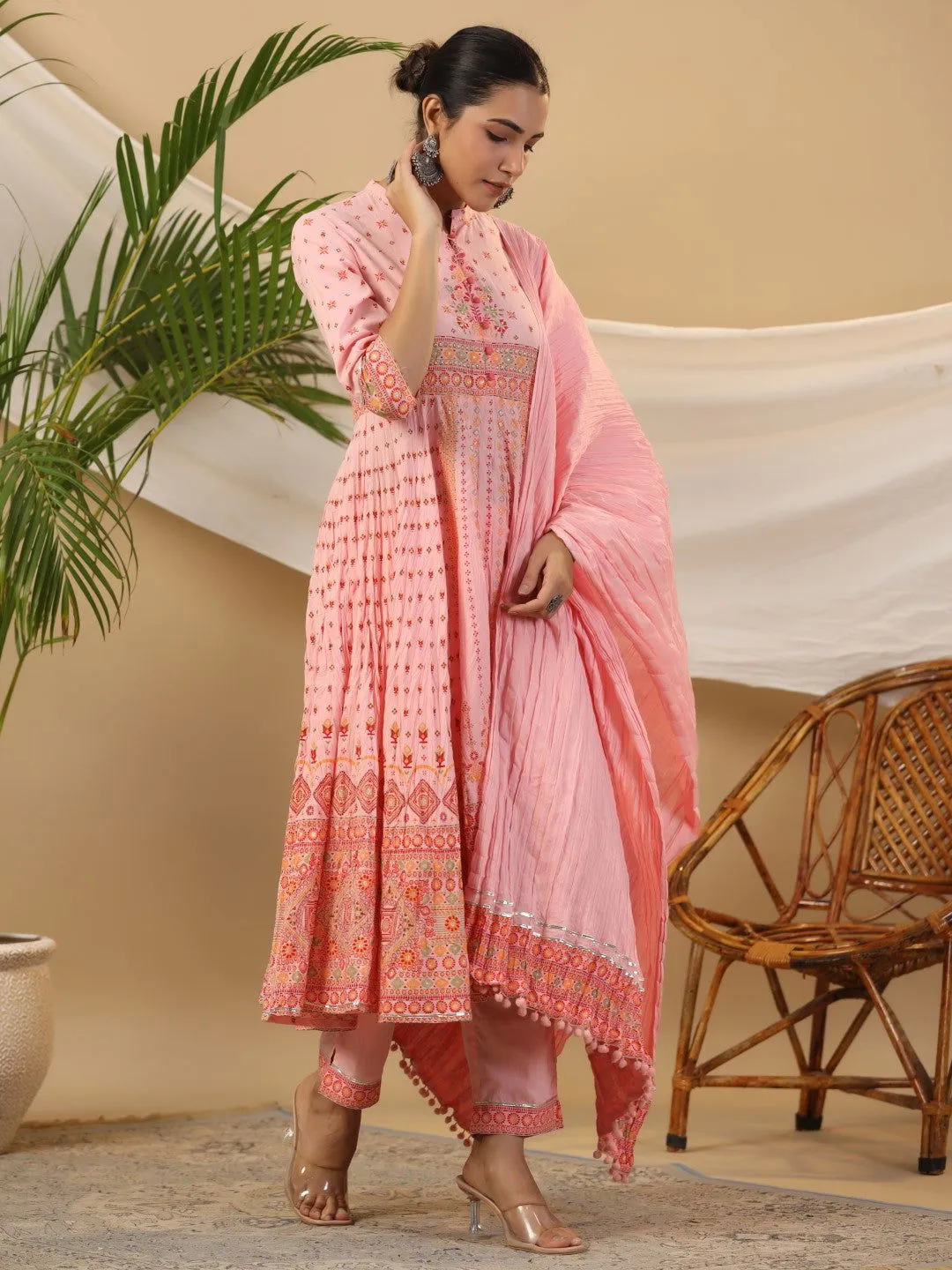 Juniper  Peach Cotton Tribal Print Crushed Anarkali Kurta With Pant & Dupatta Set With Kantha Work & Button