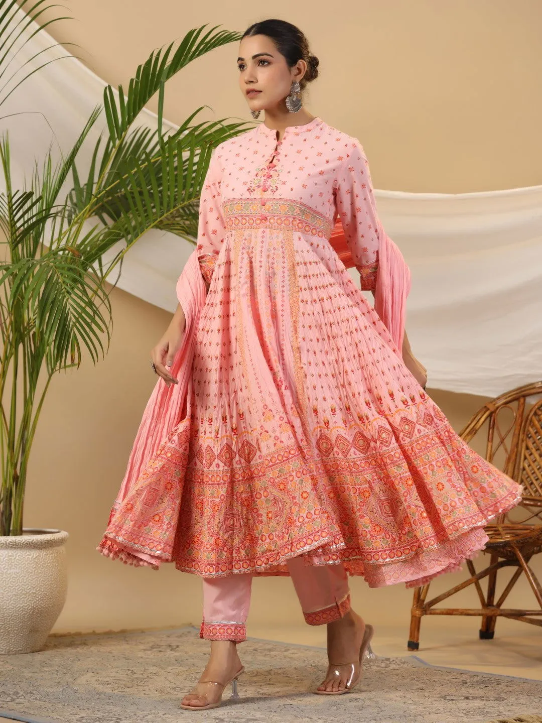 Juniper  Peach Cotton Tribal Print Crushed Anarkali Kurta With Pant & Dupatta Set With Kantha Work & Button