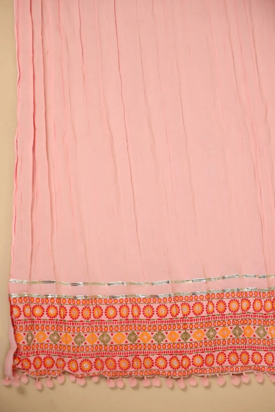 Juniper  Peach Cotton Tribal Print Crushed Anarkali Kurta With Pant & Dupatta Set With Kantha Work & Button