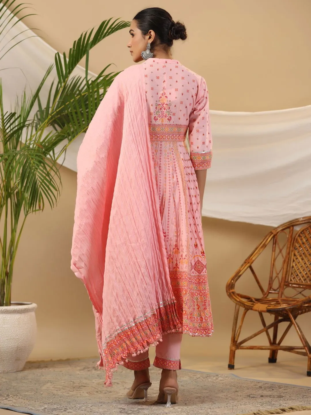 Juniper  Peach Cotton Tribal Print Crushed Anarkali Kurta With Pant & Dupatta Set With Kantha Work & Button