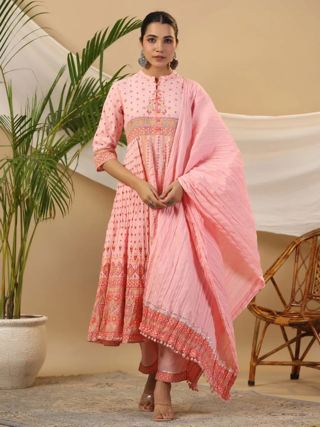 Juniper  Peach Cotton Tribal Print Crushed Anarkali Kurta With Pant & Dupatta Set With Kantha Work & Button