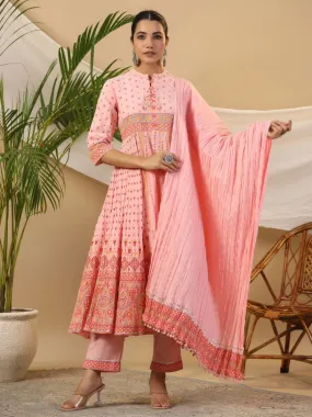 Juniper  Peach Cotton Tribal Print Crushed Anarkali Kurta With Pant & Dupatta Set With Kantha Work & Button