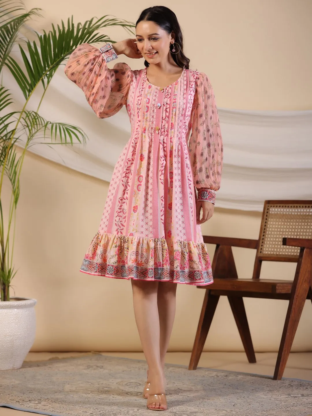 Juniper Pink Wonderland Floral Printed Pure Cotton Midi Dress With Pintucks & 3D Handwork