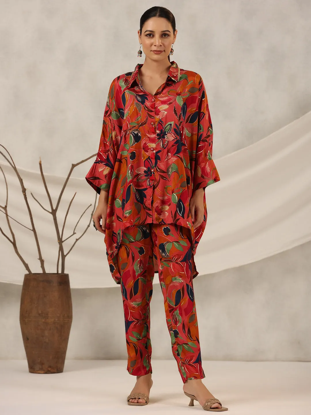 Juniper Rust Floral Printed Muslin Tunic & Pants With Sequins work