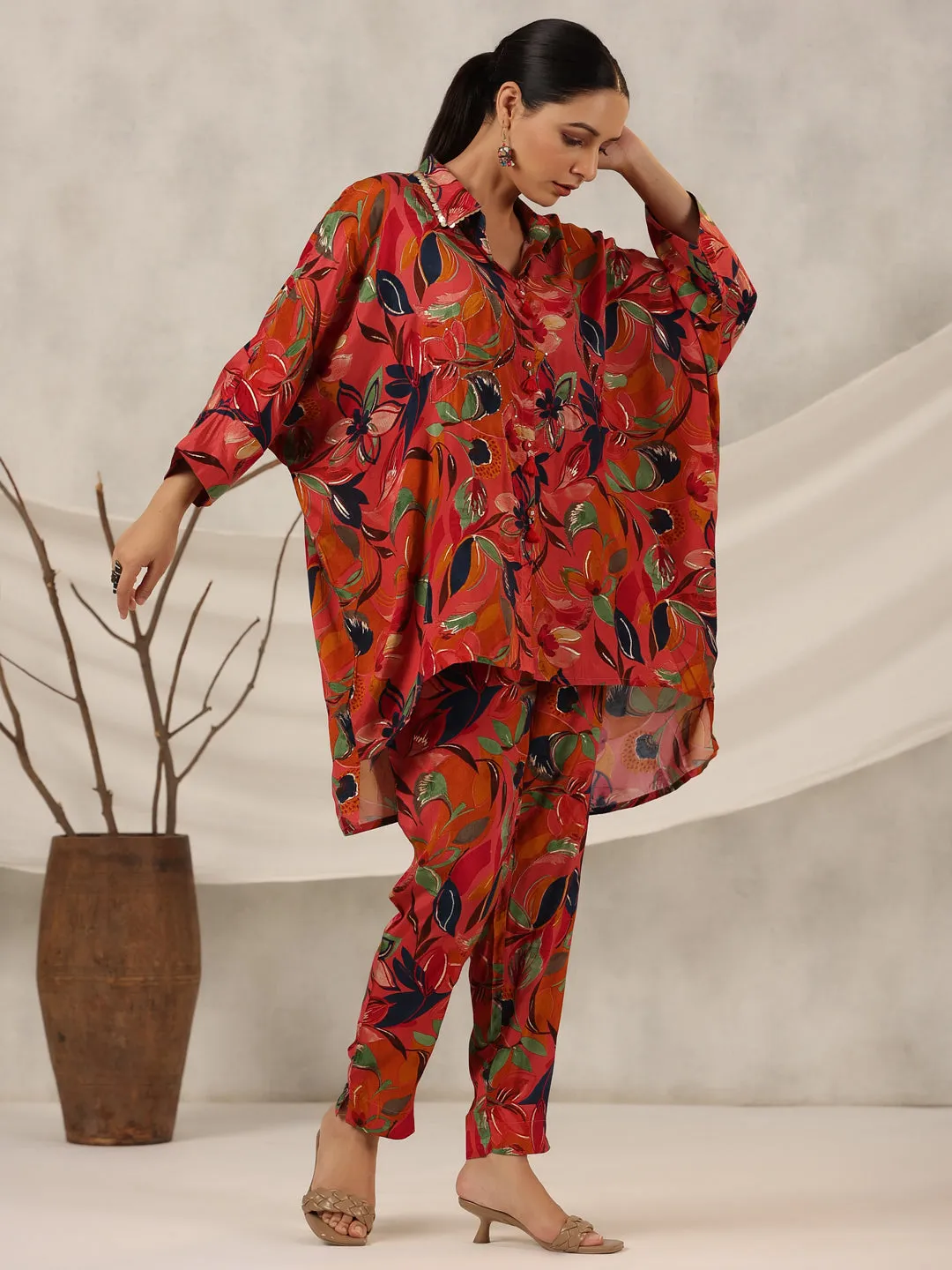 Juniper Rust Floral Printed Muslin Tunic & Pants With Sequins work