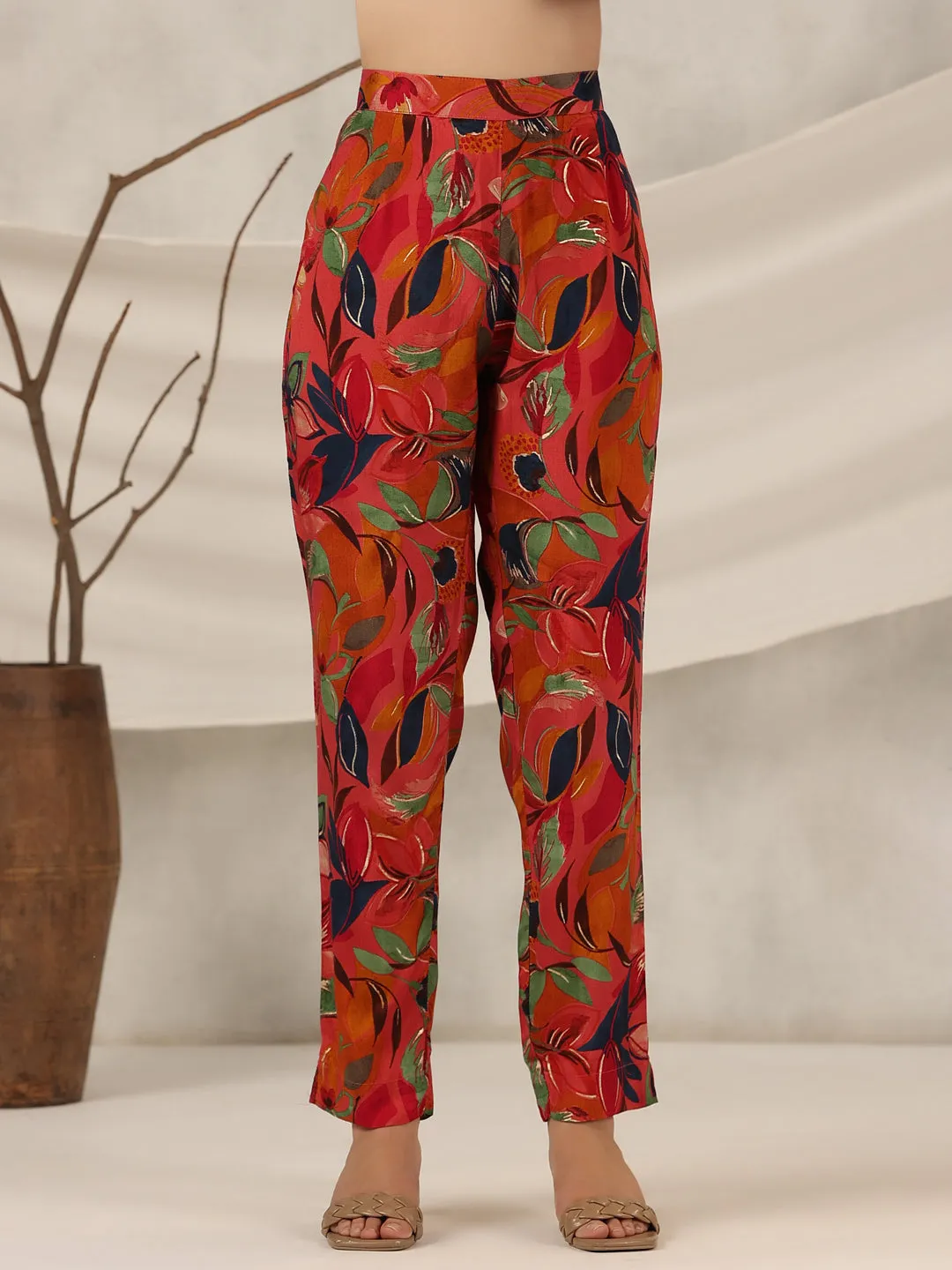 Juniper Rust Floral Printed Muslin Tunic & Pants With Sequins work