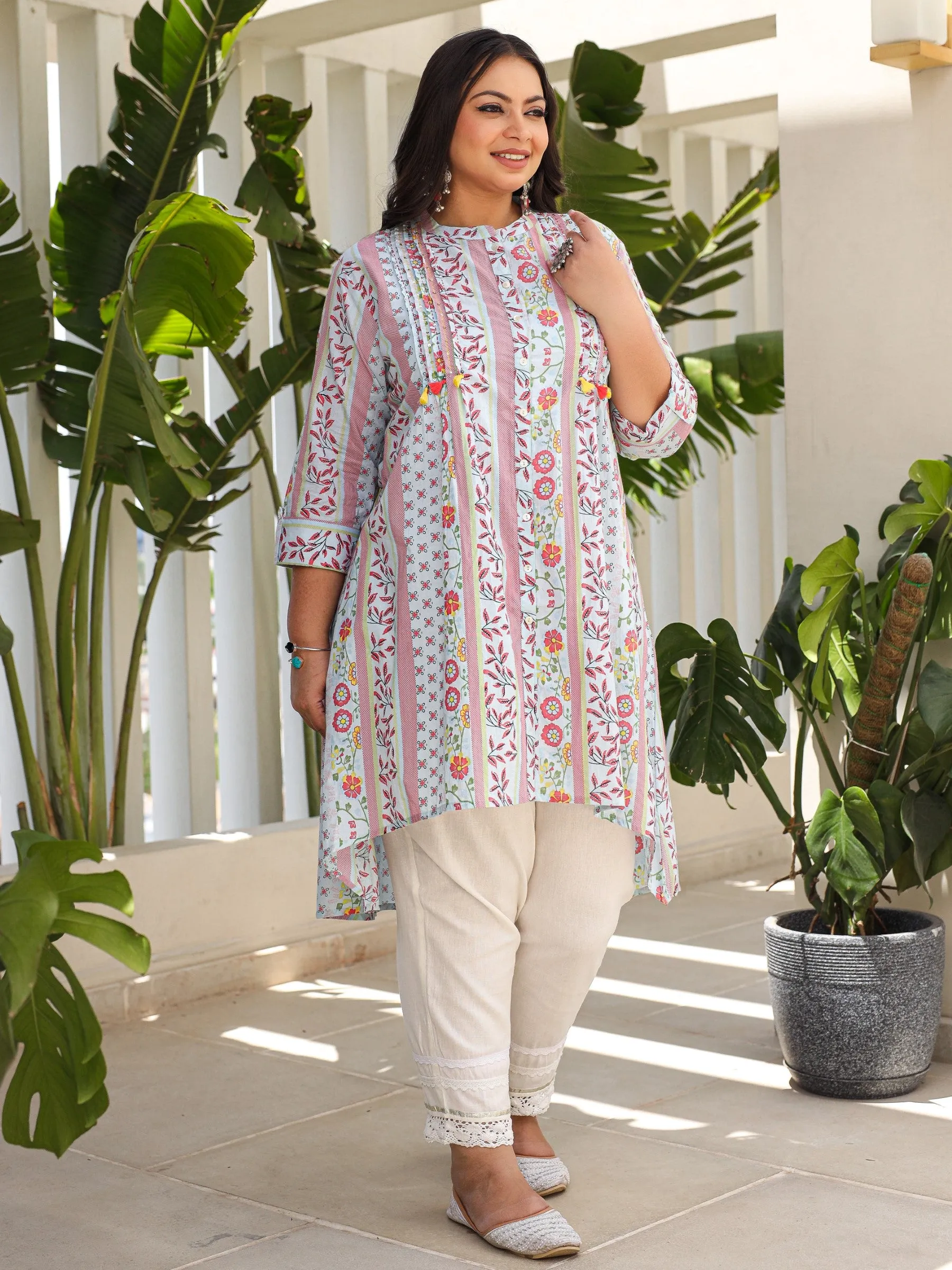 Juniper Sky Blue Floral Printed Cotton Cambric High-Low Plus Size Kurta With Sequins & Pintucks At Front