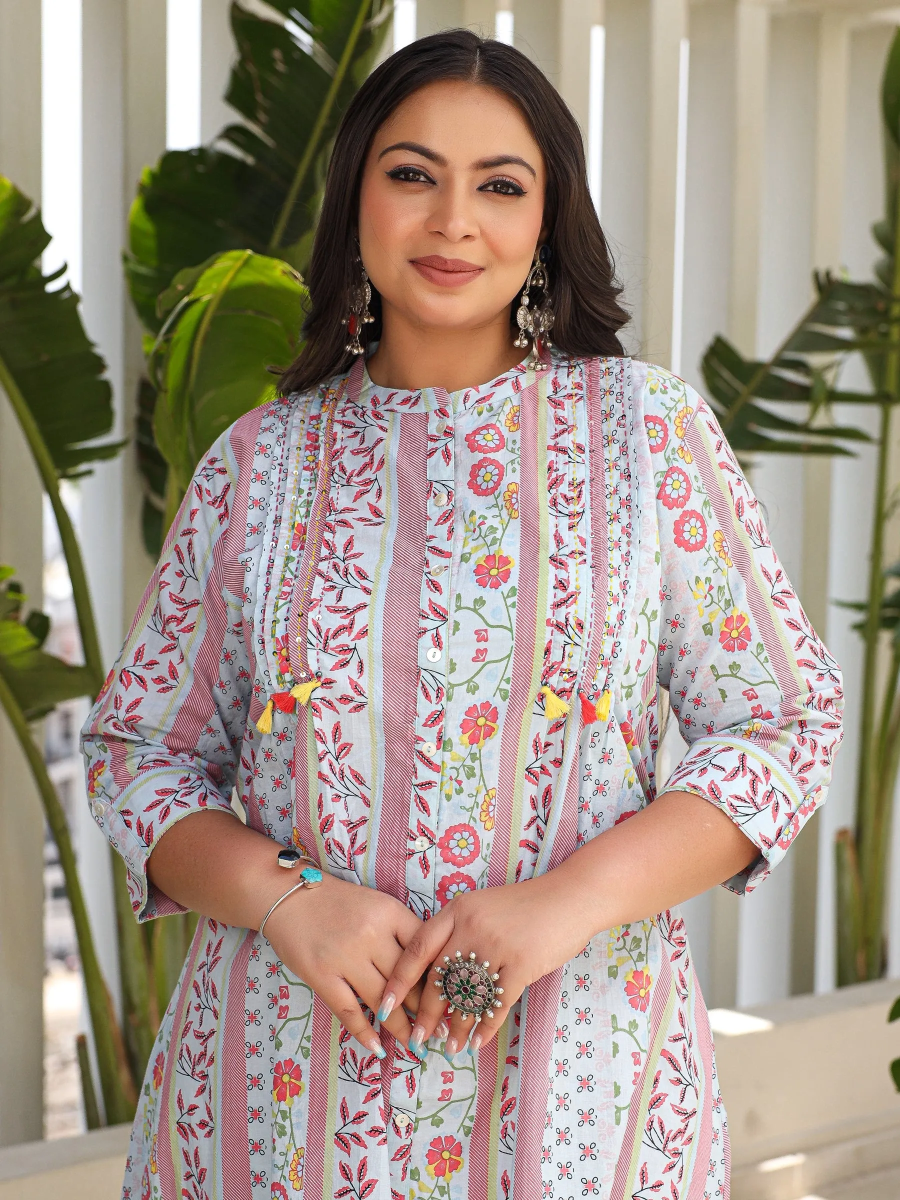 Juniper Sky Blue Floral Printed Cotton Cambric High-Low Plus Size Kurta With Sequins & Pintucks At Front