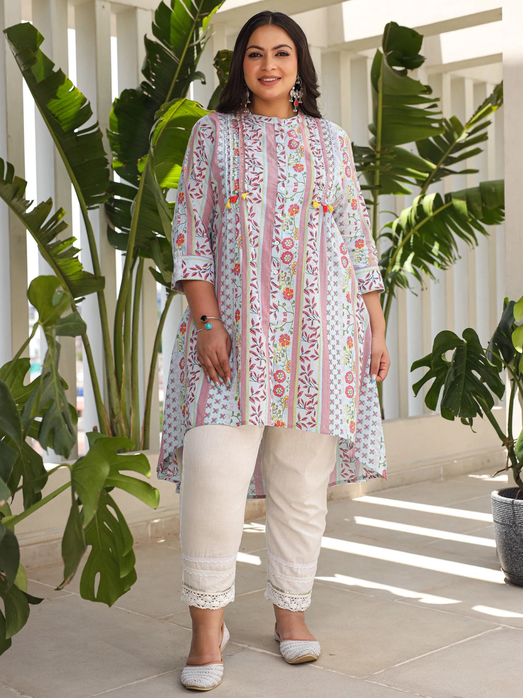 Juniper Sky Blue Floral Printed Cotton Cambric High-Low Plus Size Kurta With Sequins & Pintucks At Front