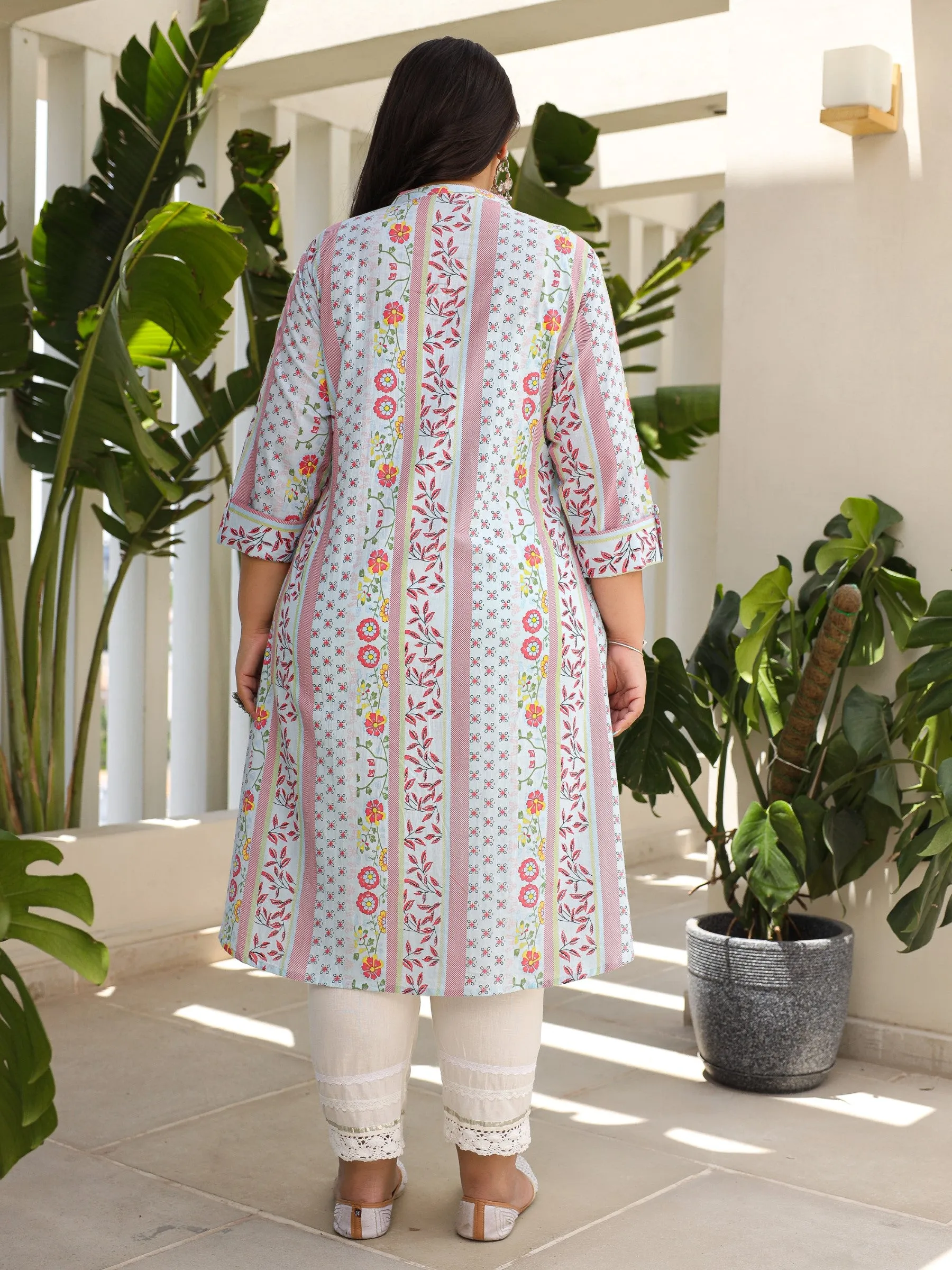 Juniper Sky Blue Floral Printed Cotton Cambric High-Low Plus Size Kurta With Sequins & Pintucks At Front