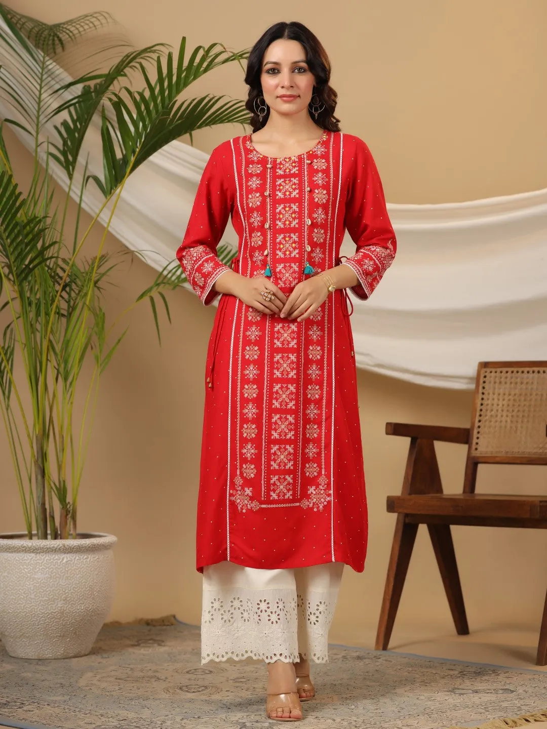 Juniper The Banjara Women Red Tribal Printed A-Lined Rayon Kurta With Contrast Tassels Sequins & Beadwork