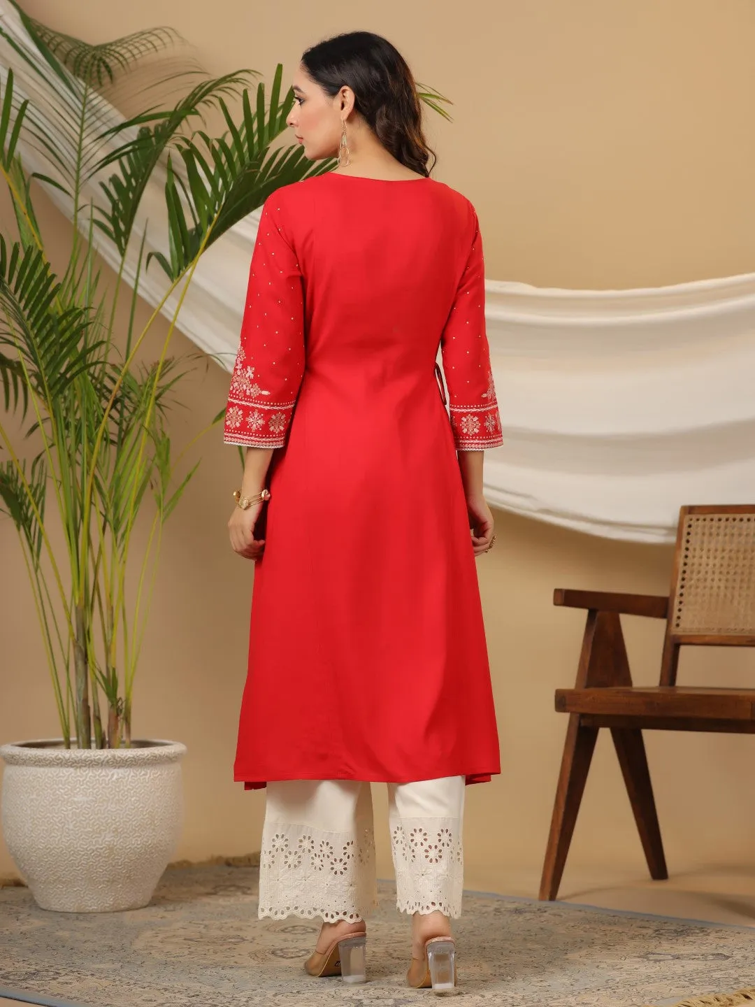 Juniper The Banjara Women Red Tribal Printed A-Lined Rayon Kurta With Contrast Tassels Sequins & Beadwork