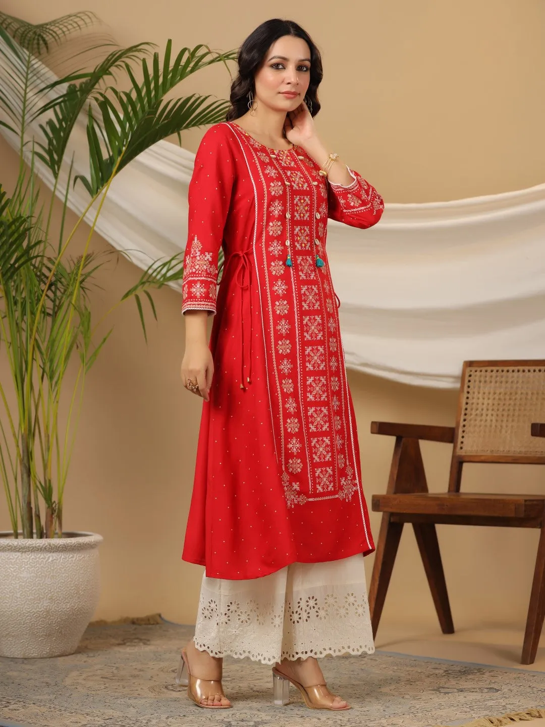 Juniper The Banjara Women Red Tribal Printed A-Lined Rayon Kurta With Contrast Tassels Sequins & Beadwork