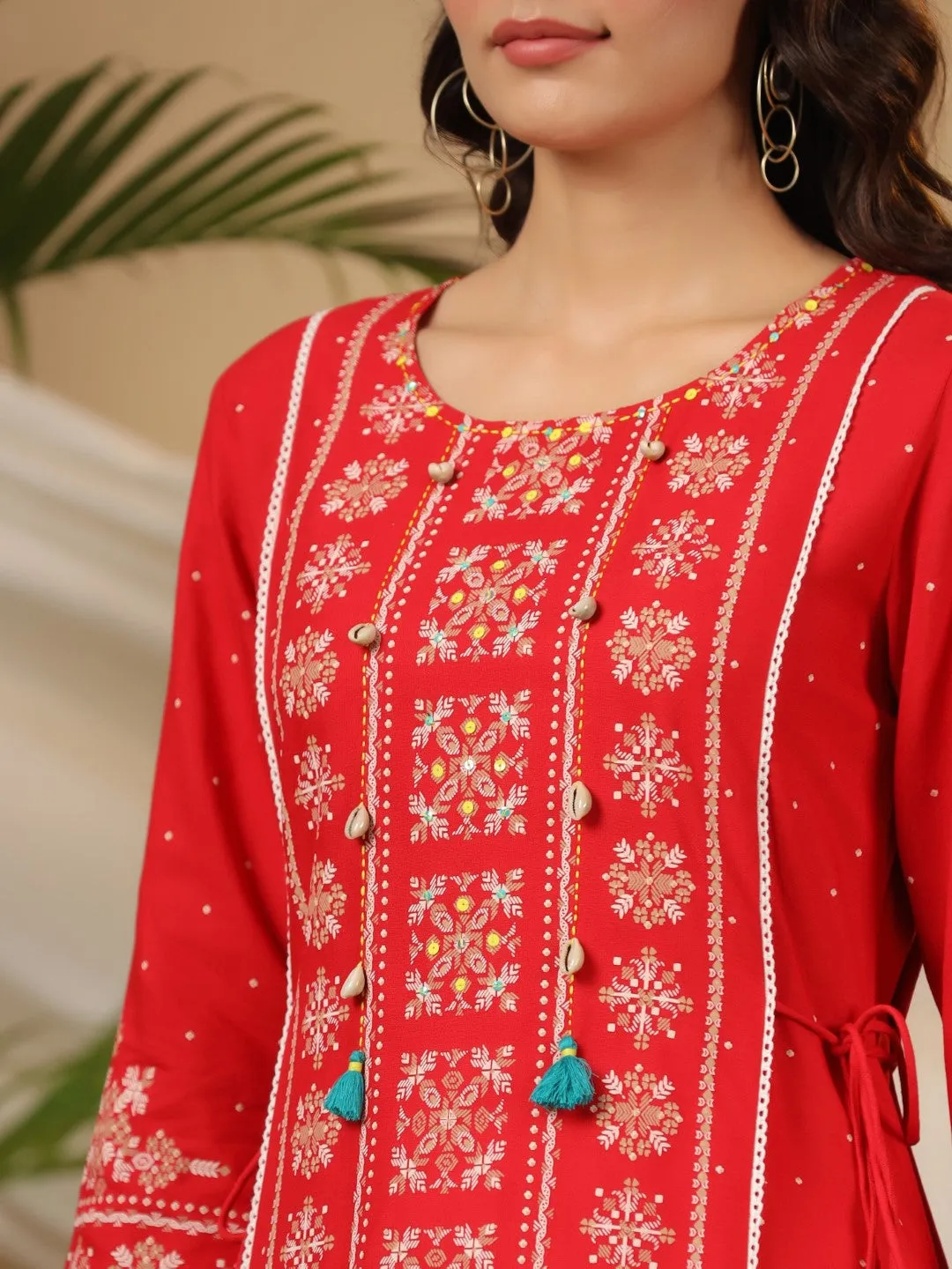 Juniper The Banjara Women Red Tribal Printed A-Lined Rayon Kurta With Contrast Tassels Sequins & Beadwork