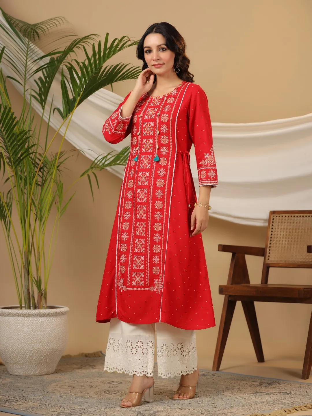 Juniper The Banjara Women Red Tribal Printed A-Lined Rayon Kurta With Contrast Tassels Sequins & Beadwork