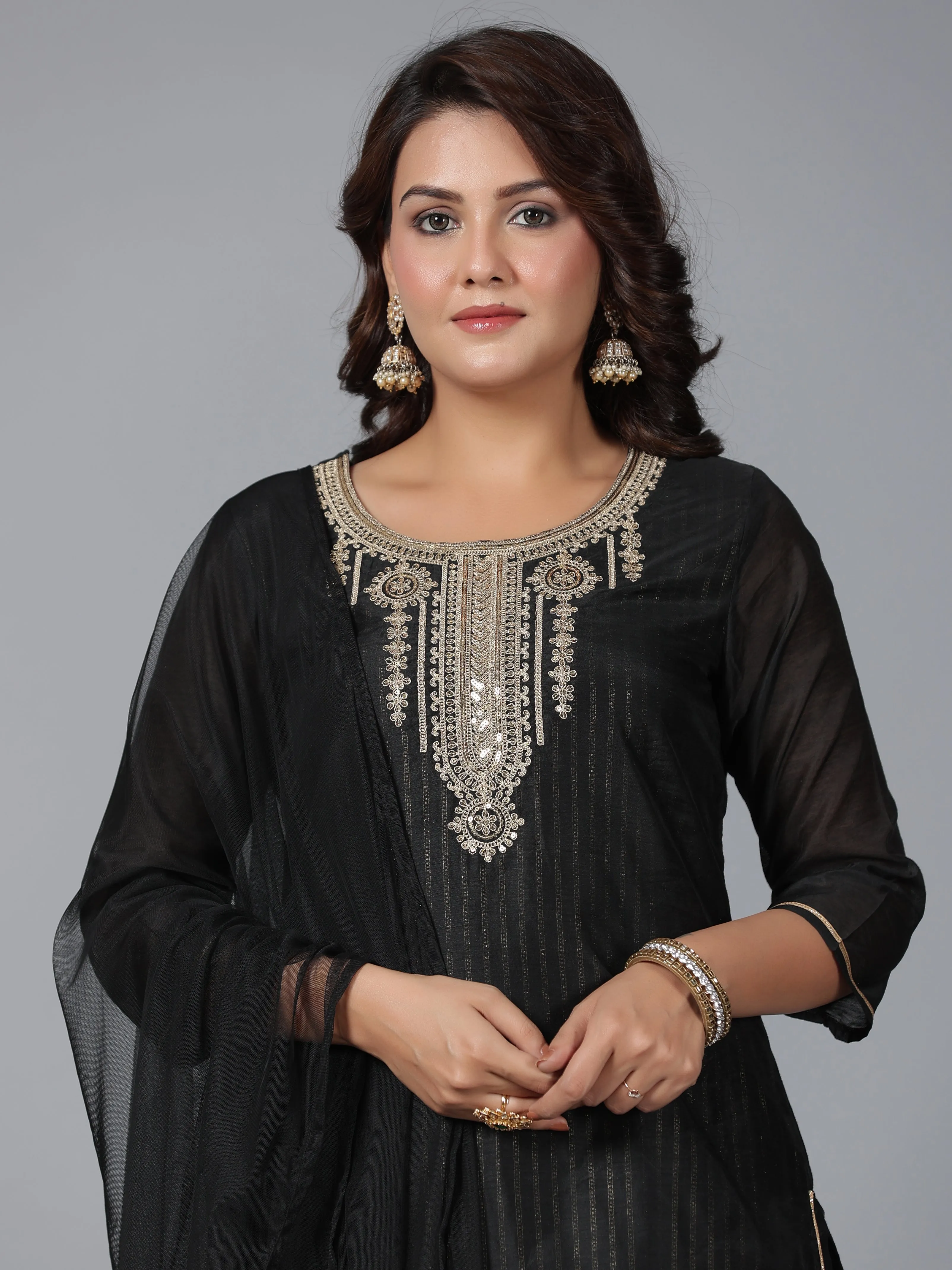 Juniper Women Black Chanderi Printed with Embroidery Kurta, Pants & Dupatta Set