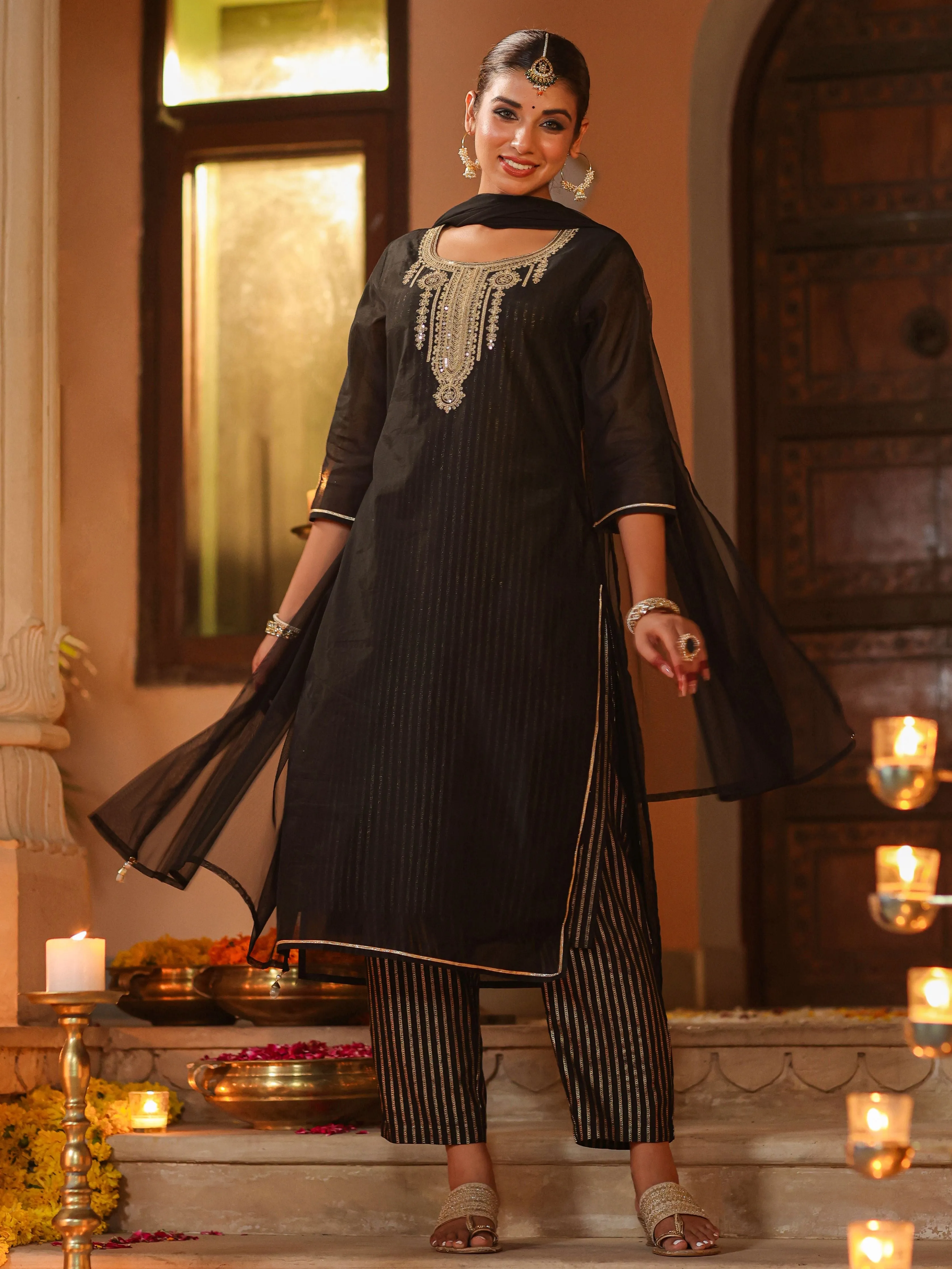 Juniper Women Black Chanderi Printed with Embroidery Kurta, Pants & Dupatta Set