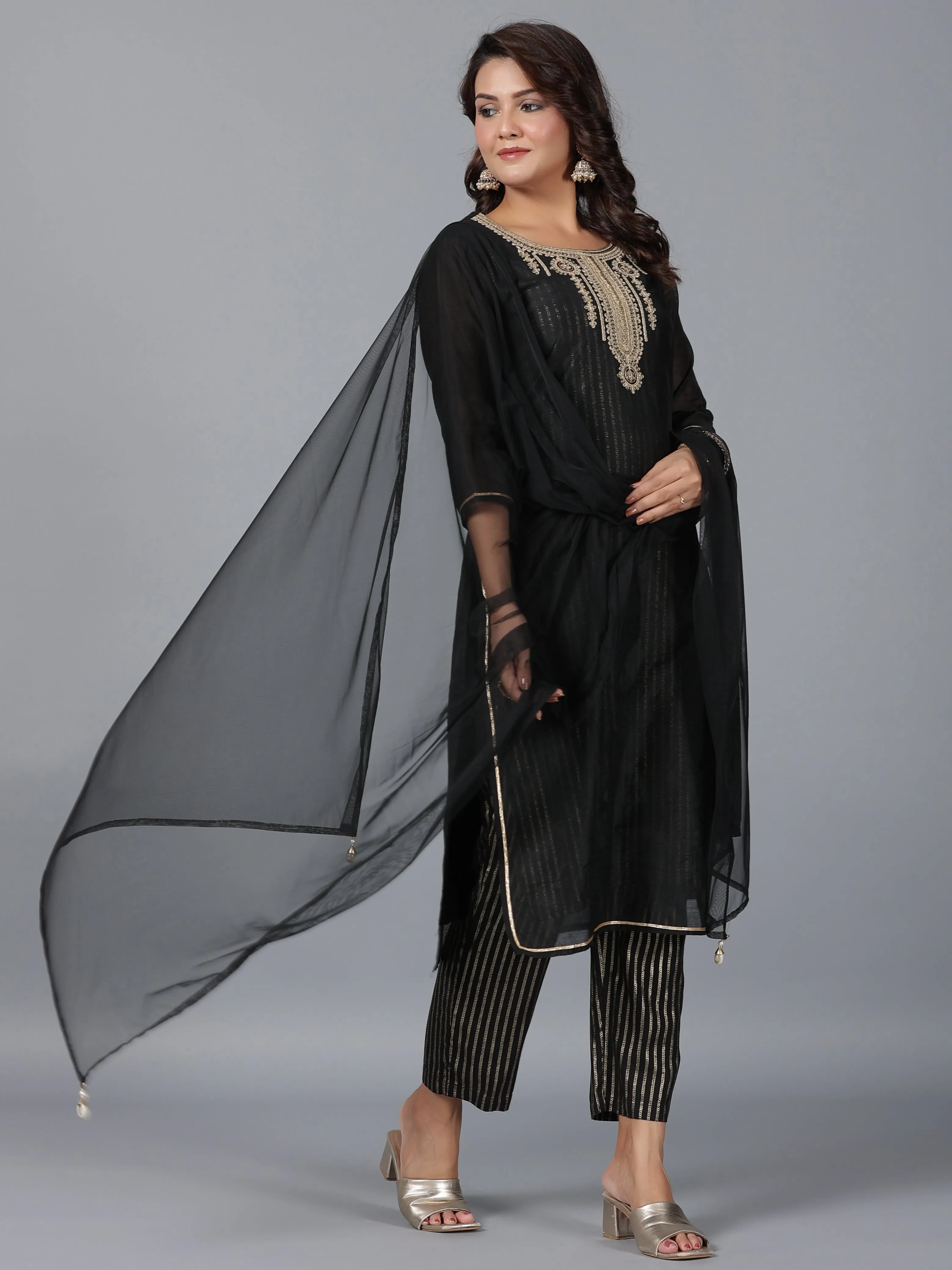 Juniper Women Black Chanderi Printed with Embroidery Kurta, Pants & Dupatta Set