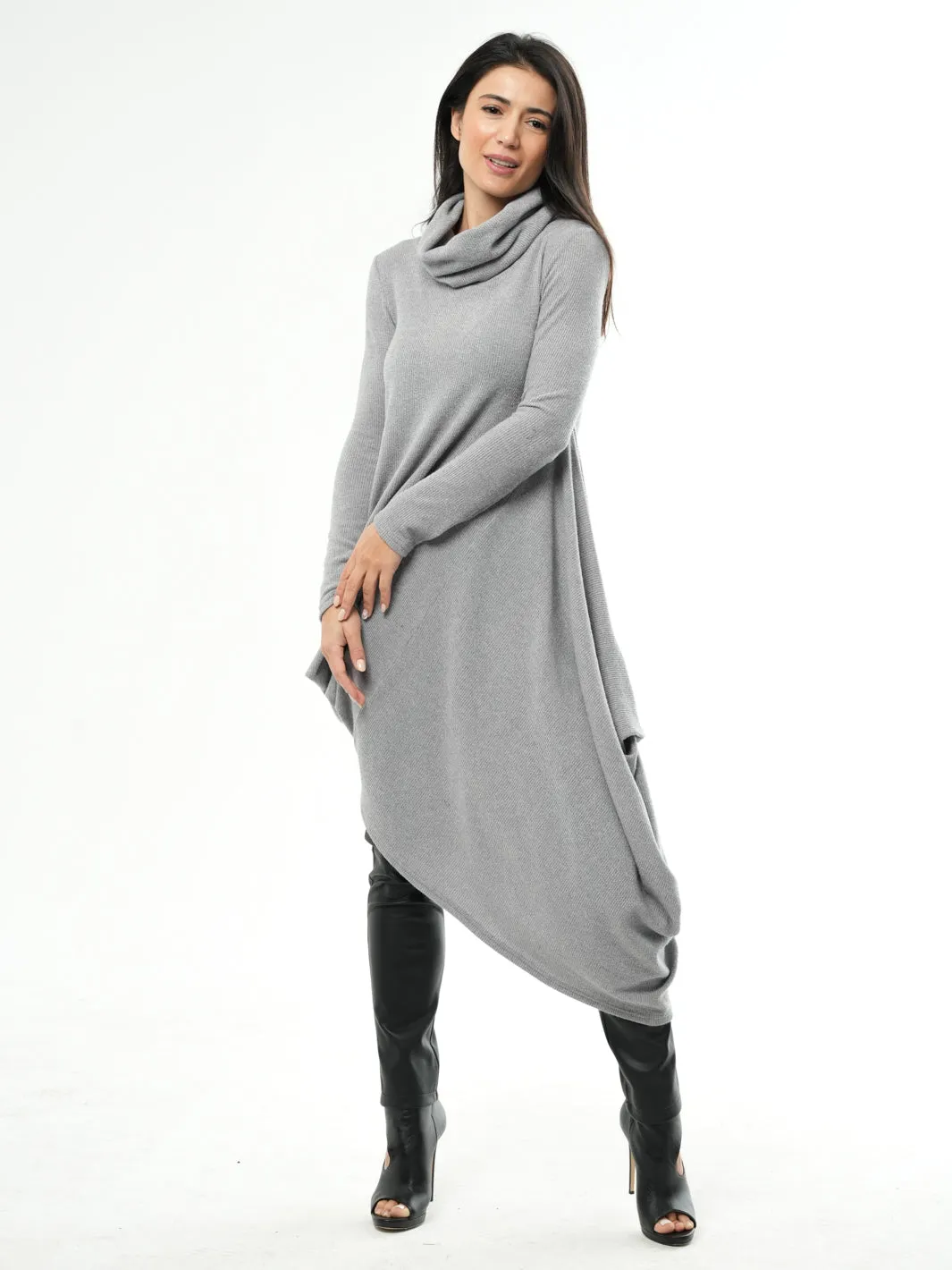 Knitted Asymmetric Turtleneck Dress In Gray