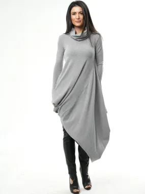 Knitted Asymmetric Turtleneck Dress In Gray