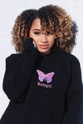 Lisette 'BABY GIRL' Embroidered Butterfly Black Crewneck