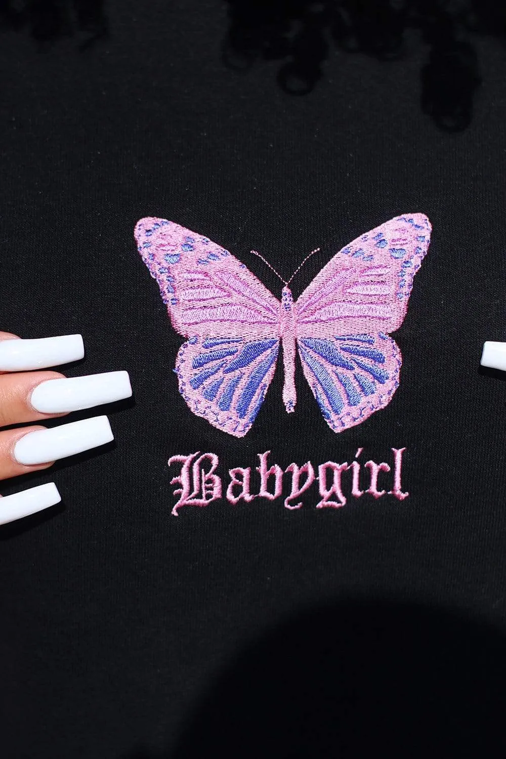 Lisette 'BABY GIRL' Embroidered Butterfly Black Crewneck