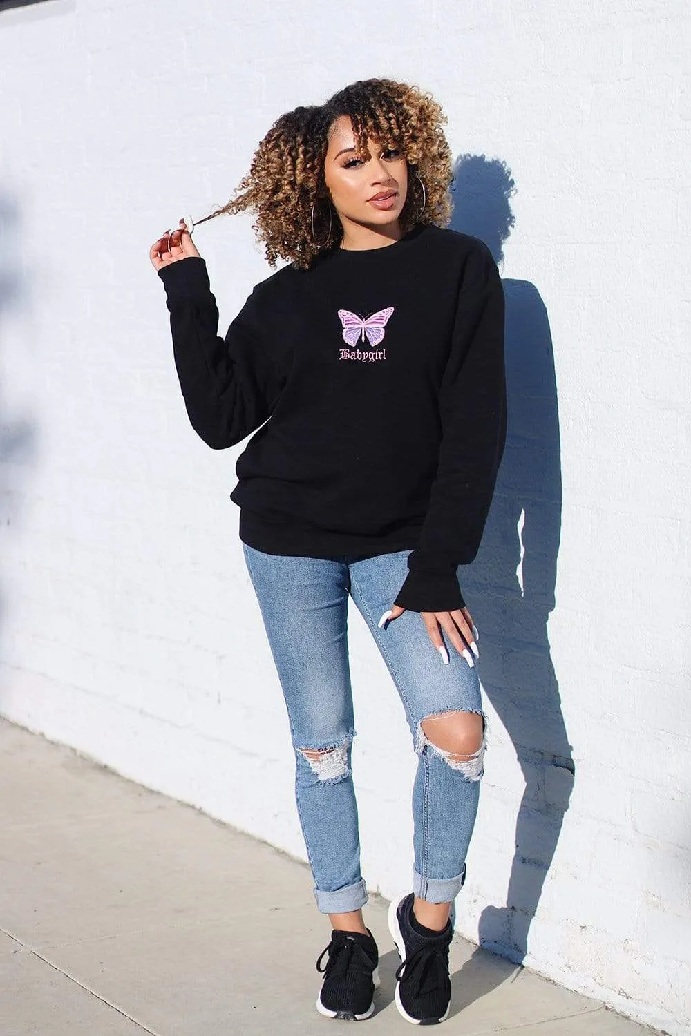 Lisette 'BABY GIRL' Embroidered Butterfly Black Crewneck