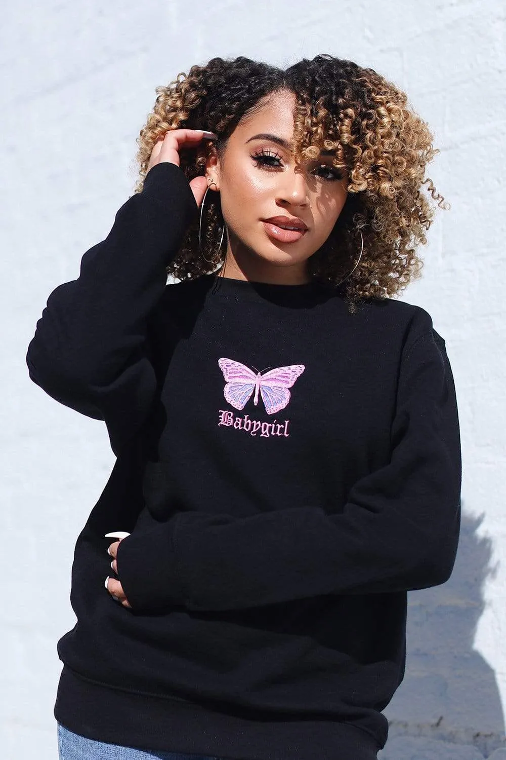 Lisette 'BABY GIRL' Embroidered Butterfly Black Crewneck