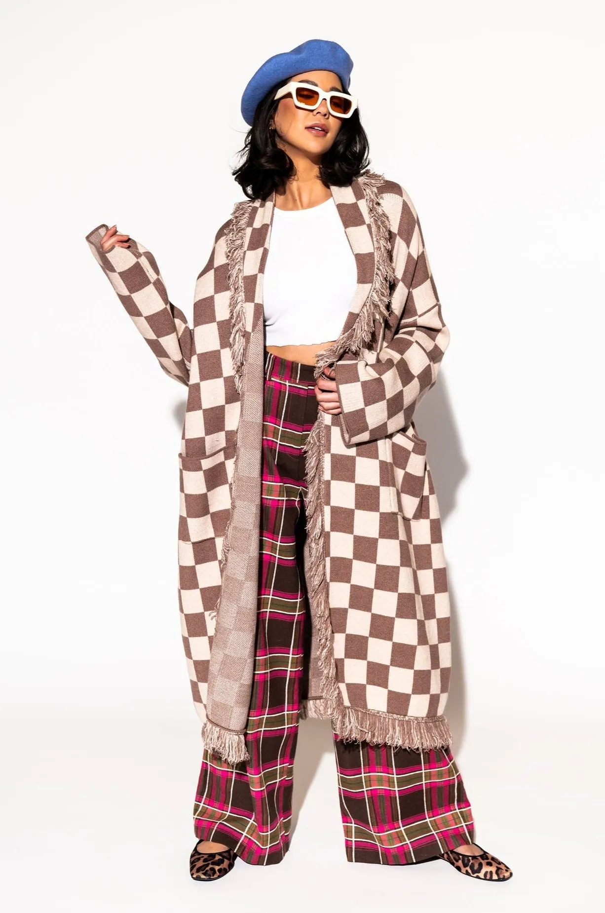 Luxe Fringe Blanket Cardigan in Neutral Check Deliciousness *RESTOCKED*