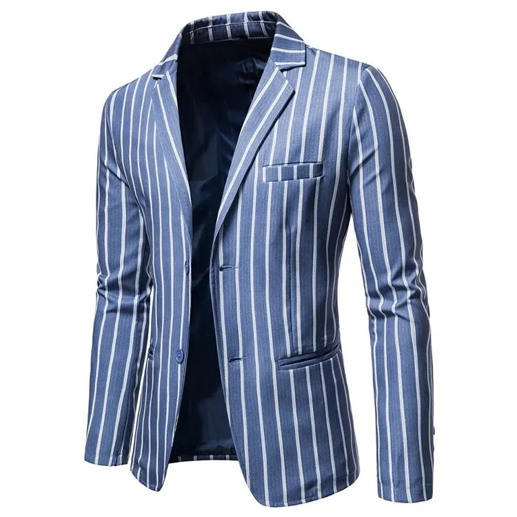 Men Suit Jackets Blue Striped Two Buttons Party Business Formal Blazer | 1812