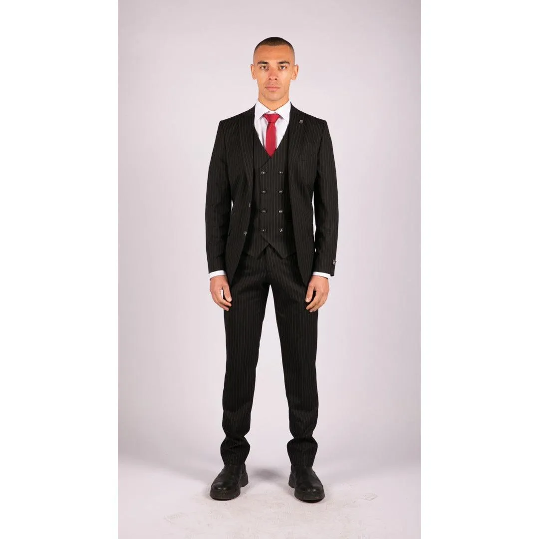 Mens 3 Piece Black Suit Gatsby 1920s Gangster Pinstripe Tailored Fit