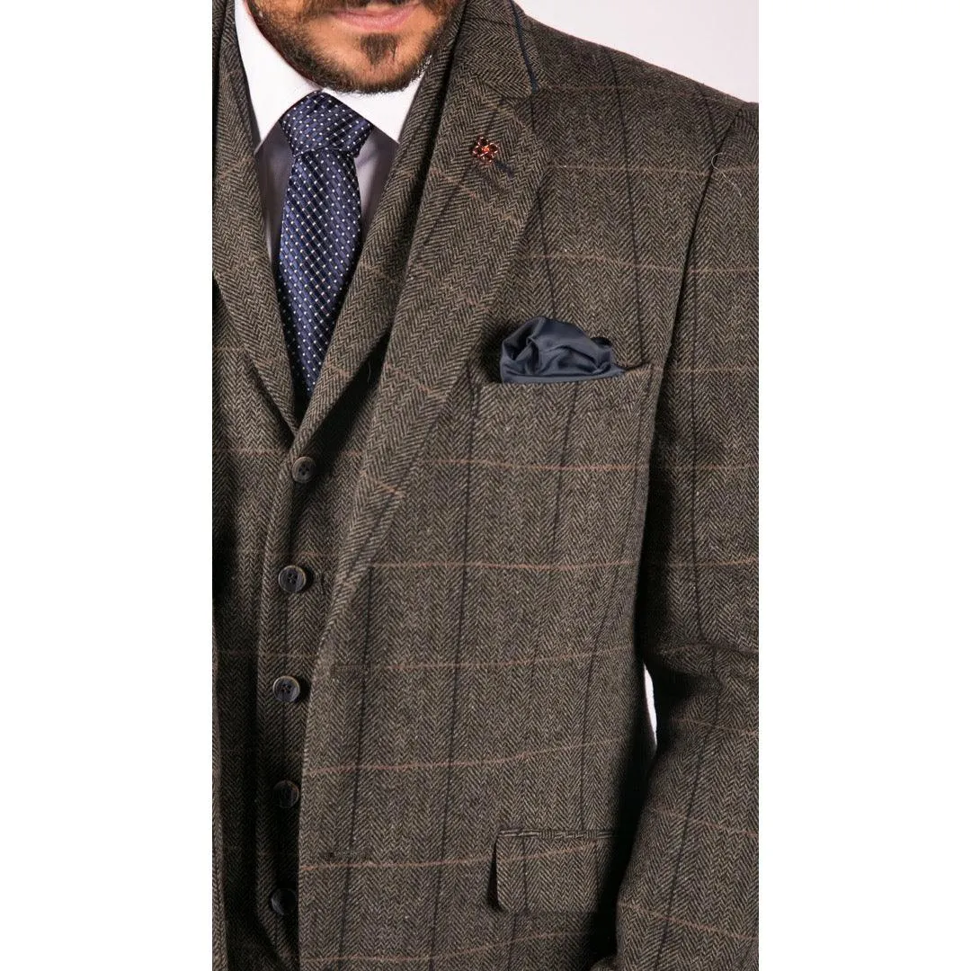 Mens 3 Piece Classic Tweed Herringbone Check Grey Navy Slim Fit Vintage Suit