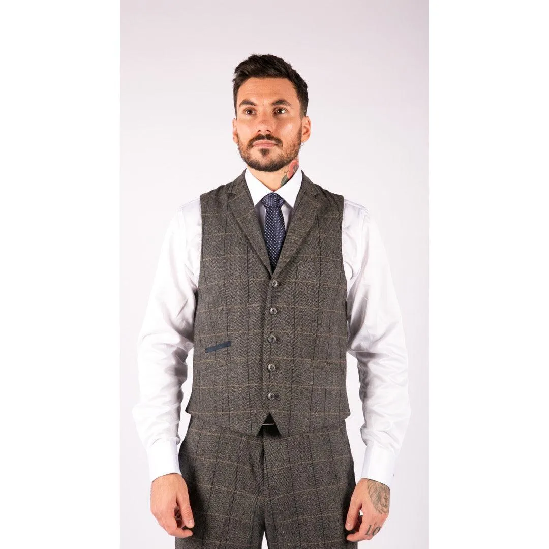 Mens 3 Piece Classic Tweed Herringbone Check Grey Navy Slim Fit Vintage Suit