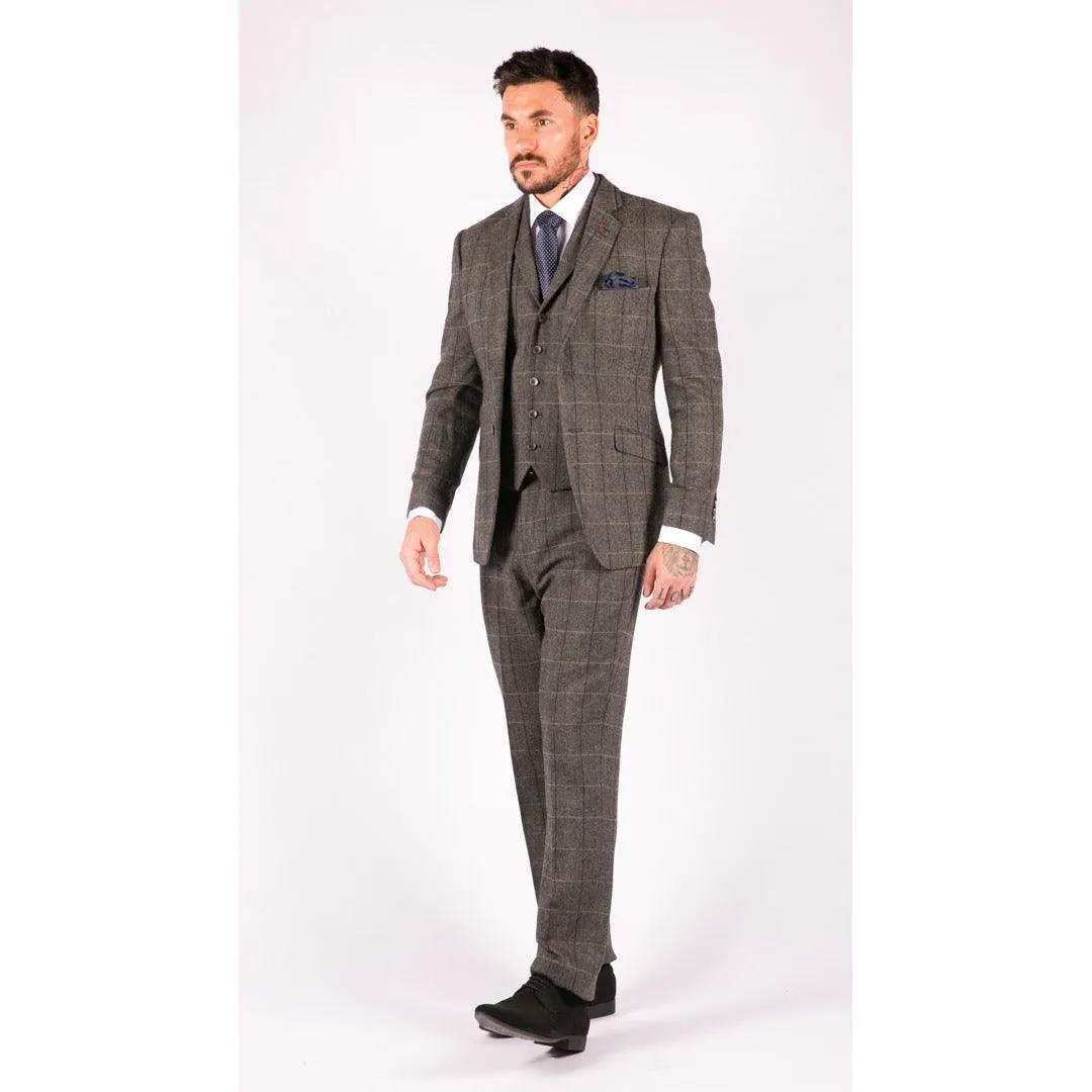 Mens 3 Piece Classic Tweed Herringbone Check Grey Navy Slim Fit Vintage Suit