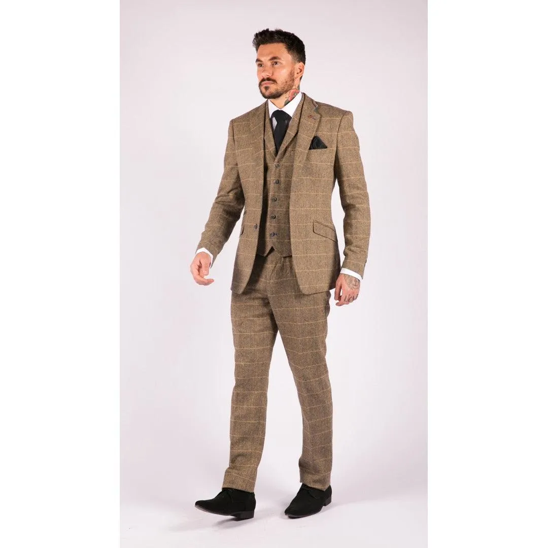 Mens 3 Piece Classic Tweed Herringbone Check Tan Brown Slim Fit Vintage Suit