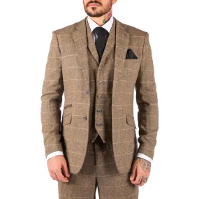 Mens 3 Piece Classic Tweed Herringbone Check Tan Brown Slim Fit Vintage Suit