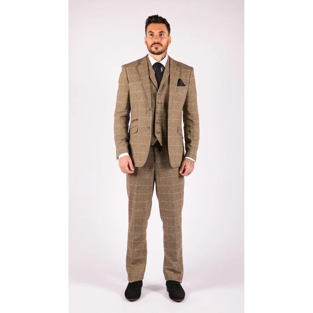 Mens 3 Piece Classic Tweed Herringbone Check Tan Brown Slim Fit Vintage Suit